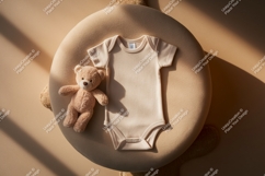 Baby bodysuit and teddy bear on cushion mockup Product Image 1