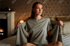 Woman wearing grey t shirt holding blanket t-shirt Product Image 1
