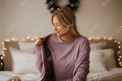 Blonde woman wearing purple sweater and t-shirt Product Image 1