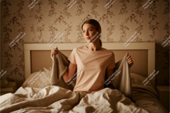 Woman holding blanket in bed peach Product Image 1