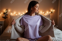 Woman wearing lavender t shirt and grey cardigan Product Image 1