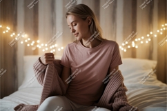 Woman cozy knitwear bedroom fairy lights Product Image 1