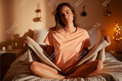 Woman wearing peach t shirt wrapped in blanket t-shirt Product Image 1