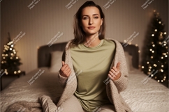 Woman wearing green t shirt and cardigan image Product Image 1