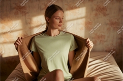 Woman wearing light green t shirt under brown cardigan Product Image 1