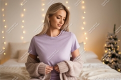 Woman wearing lavender t shirt and cardigan Product Image 1