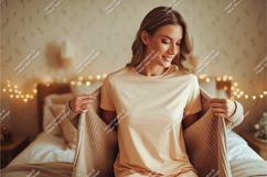 Woman wearing peach t shirt and cardigan Product Image 1