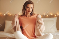 Woman wearing peach t shirt and cream cardigan Product Image 1