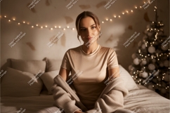 Woman wearing silk shirt draped with cardigan beige Product Image 1