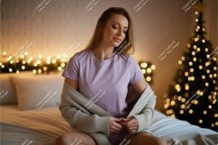 Woman wearing lavender t shirt and grey cardigan Product Image 1