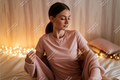 Woman wearing pink t shirt and sweater Product Image 1