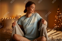 Woman cozying up in bed with blanket indoor Product Image 1
