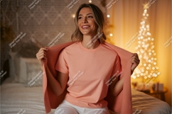 Woman wearing peach t shirt and cardigan Product Image 1