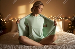 Woman wearing mint t shirt and cardigan Product Image 1
