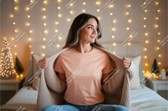 Woman wearing peach t shirt and cardigan Product Image 1
