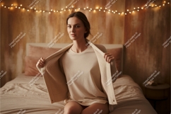 Woman wearing cream sweater and t shirt Product Image 1
