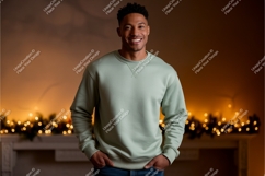 Man wearing light green sweatshirt blue jeans Product Image 1