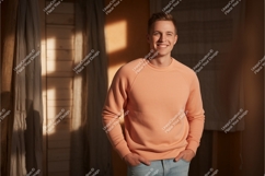 Man wearing peach sweatshirt casual denim Product Image 1