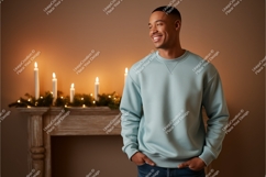 Man wearing light blue sweatshirt near candles Product Image 1