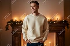 Man wearing cream sweatshirt by fireplace candles Product Image 1