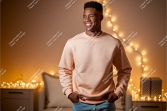Man wearing peach sweatshirt and blue jeans Product Image 1