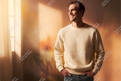 Smiling man wearing cream sweatshirt casual Product Image 1