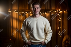 Young man wearing cream sweatshirt blue Product Image 1