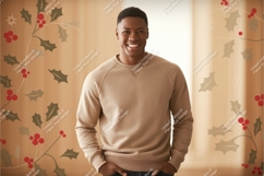 Man wearing tan sweatshirt with holly pattern Product Image 1