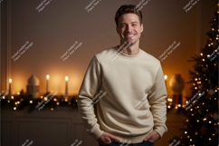 Man wearing cream sweatshirt festive background Product Image 1