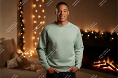 Man wearing light green sweatshirt indoors fireplace Product Image 1
