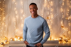 Man wearing blue sweatshirt with festive lights image Product Image 1
