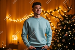 Man wearing light blue sweatshirt festive background Product Image 1