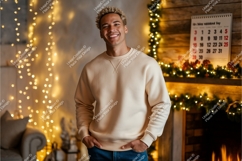 Man wearing cream sweatshirt with festive lights image Product Image 1