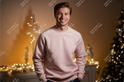 Man wearing pink sweatshirt festive background lights Product Image 1