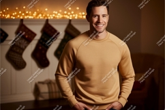 Man wearing tan sweatshirt with Christmas stockings Product Image 1