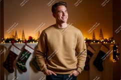 Man wearing tan sweatshirt near Christmas fireplace Product Image 1