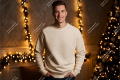Man wearing cream sweatshirt with festive lights image Product Image 1