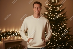 Young man wearing white sweatshirt near Christmas tree Product Image 1