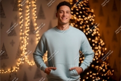 Man wearing light blue sweatshirt with holiday lights Product Image 1