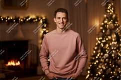 Man wearing pink sweatshirt by Christmas tree image Product Image 1