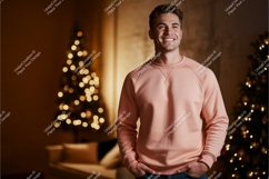 Smiling man wearing pink sweatshirt near christmas tree Product Image 1
