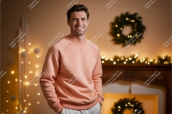 Man wearing peach sweatshirt festive lights image Product Image 1