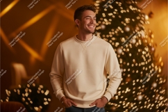 Man wearing cream sweatshirt festive lights image Product Image 1