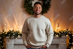 Man wearing light colored sweatshirt mockup clothing Product Image 1