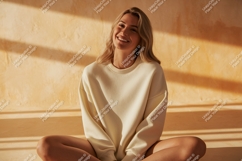Young woman wearing cream sweatshirt casual Product Image 1