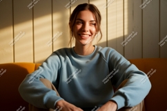 Smiling woman wearing blue sweatshirt casual Product Image 1