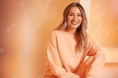 Smiling woman peach sweatshirt mockup Product Image 1