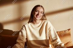 Woman wearing cream sweatshirt casual comfortable Product Image 1