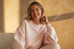 Woman wearing pink sweatshirt mockup casual Product Image 1