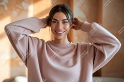 Woman wearing pink sweatshirt casual fashion Product Image 1